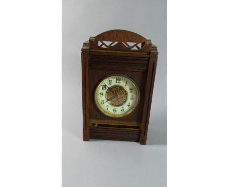 An Edwardian Oak Cased Mantle Clock with Pierced Gallery Top, 24cm High 