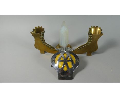 A Collection of Two Victorian Brass Fireside Boot Ornaments, Vintage AA Badge and Opaque Glass Religious Statue 