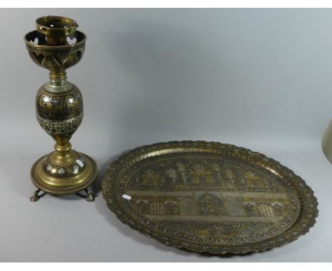 An Ornate Niello Brass Oval Tray with Matching Table Lamp, Tray 61cm Wide 
