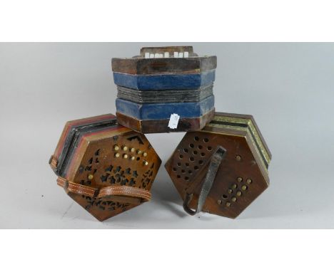 Three Vintage Concertinas, All  With Buttons In Need of Some Attention 