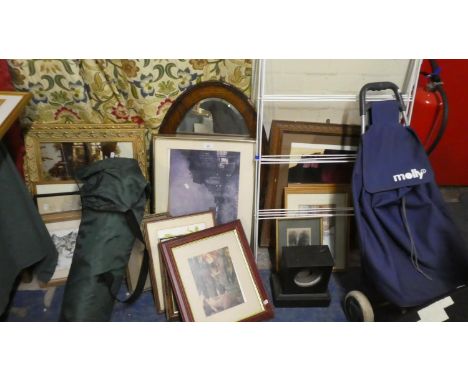 A Collection of Various Pictures, Prints, Mirrors, Slate Clock Surround, Shopping Trolley, Tent etc 