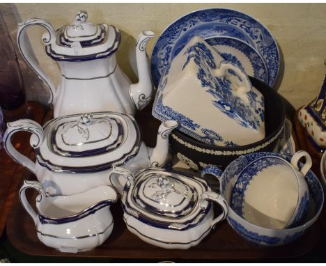 A Four Piece Spode Chancellor Platinum Tea Service Together with Wedgwood Black Jasperware Fruit Bowl, Blue and White Cheese 