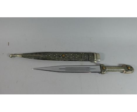 A Russian Silver Plated Dagger with Wire Handle, Filigree Scabbard and Brass Mounts, 51cm Long 