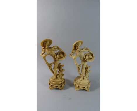 A Pair of Ivorine Oriental Figural Table Lamp Stands in the Form of Fruit Sellers with Pineapple, Each 33cm High 