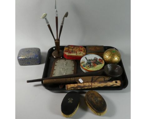 A Tray Containing Vintage Tins, Treenware, Early Carved Wooden Spoon etc 