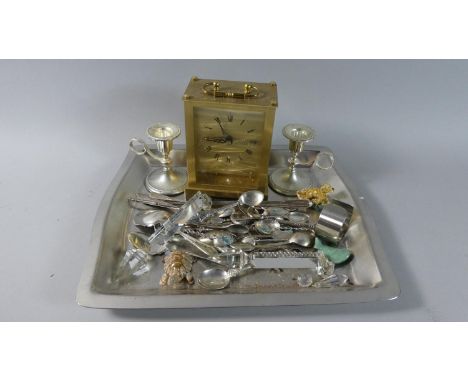 A Tray Containing Modern Brass Carriage Clock, Various Coffee Spoons, Two Wade Whimsies etc 