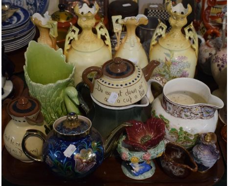 A Tray Containing Various Continental Floral Decorated Vases and Jugs, Majolica Wares, Midwinter Rural England Jug, Torquay M
