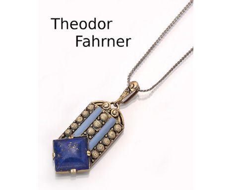 THEODOR FAHRNER Anhänger,   925er Silber verg, deutsch, 1928-29, streng geometrische Form, rechteckiger Lapislazuli, mit hell
