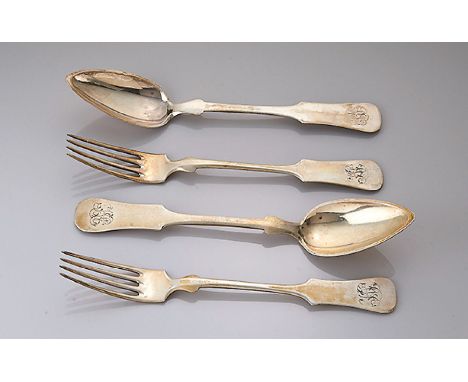 6 Löffel und 6 Gabeln, deutsch 1880-1910,   Spatenform, Bes.-Monogr., Gabeln 800er Silber,Bruckmann/Heilbronn, Löffel 4 x 13-