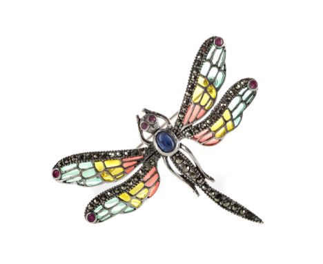 PLIQUE A JOUR DAMSELFLY BROOCH, with ruby eyes, cabochon sapphire and marcasites to the body, with red, green and yellow enam