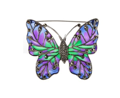 PLIQUE A JOUR BUTTERFLY BROOCH, with marcasites to the body and wings and green, purple and blue enamel, marked 925, 14.5g
