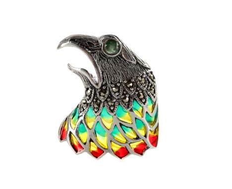 PLIQUE A JOUR EAGLE HEAD BROOCH, with round emerald eye, marcasite collar and red, green and yellow enamel to the neck, marke