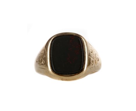 BLOODSTONE AGATE SIGNET RING, set with a cushion shaped section of bloodstone agate, in nine carat gold, size N, 5.3g