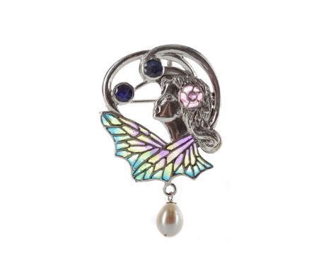 ART NOUVEAU STYLE PLIQUE A JOUR BROOCH, depicting a female in profile facing left, with pink enamel and ruby flower in her ha