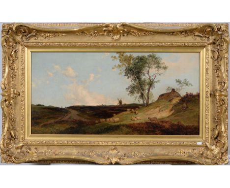 Joseph William Allen (1803-1852) -&nbsp; Extensive Heath Landscape with Sheep and Windmill,&nbsp;signed and dated 1850, oil o