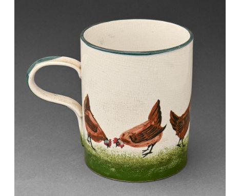 A Wemyss ware mug, c1900, painted with a cock and hens, 14cm h, impressed mark Two fine hairline cracks below base of handle,