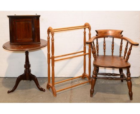 A mahogany tripod table, 63 x 61cm, a captains chair, towel rail and corner cupboard