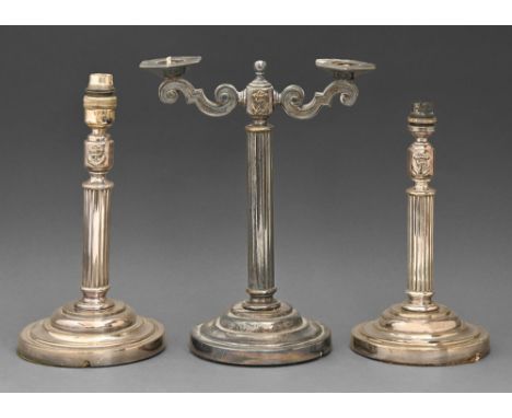 Royal Navy. A pair of EPNS wardroom candlestick form electric table lamps, and a candelabrum, mid 20th c, each on weighted fo