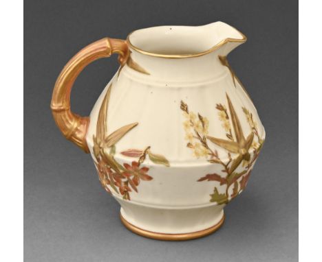 A Royal Worcester bamboo from jug, 1887, moulded in relief and decorated in enamels with foliage, 11cm h, puce printed mark U