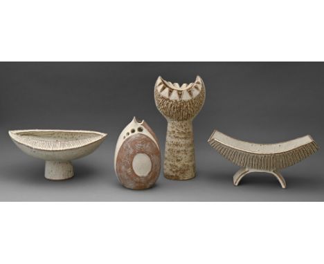 Studio pottery. Dennis Edward Lucas (1926-1999) - Vases and Centrepieces, four, stoneware, thrown or slab built and similarly