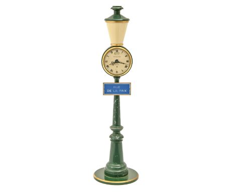 A Jaeger LeCoultre Rue de la Paix streetlamp novelty alarm timepiece, c1960, of green painted cast metal and white plastic, 2