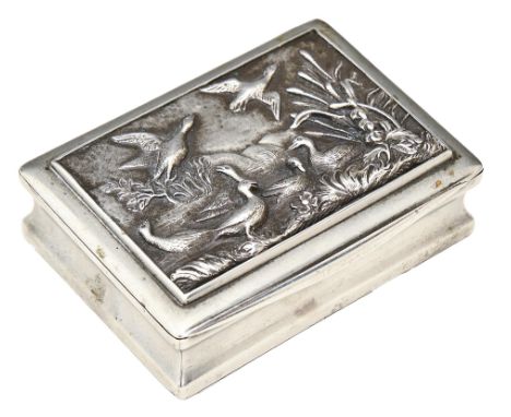 A Victorian Epns table snuff box, mid 19th c, the lid inset with a cast panel of birds, the underside engraved with presentat