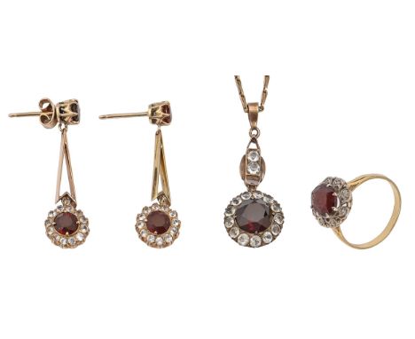 A garnet and white stone pendant and matching earrings, in gold, a gold necklet and a similar ring in gold, earrings 37mm, ri