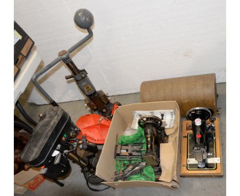 A Performance Power CH10 five speed bench drill, with original instruction manual, a Clark cast iron bench mounted press, two