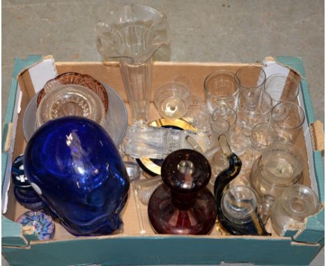 Miscellaneous glassware,&nbsp;including an etched ruby glass decanter and stopper, a moulded blue glass human head, 29cm h, V