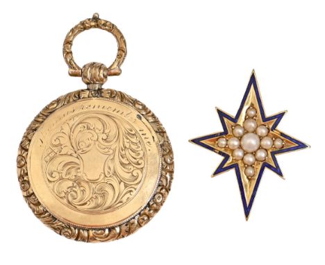 A Victorian chased and engraved gold locket, indistinctly engraved ...remember me, 29mm diam and a Victorian split pearl and 