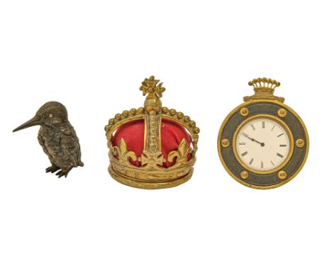 A gilt brass inkwell in the form of a crown, late 19th or early 20th c, 9cm h, a giltmetal travelling timepiece, with enamel 