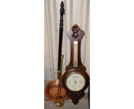 A carved mahogany barometer, early 20th c, the silver dial inscribed 'J. Perry Nottingham', 88cm h, a Victorian copper warmin