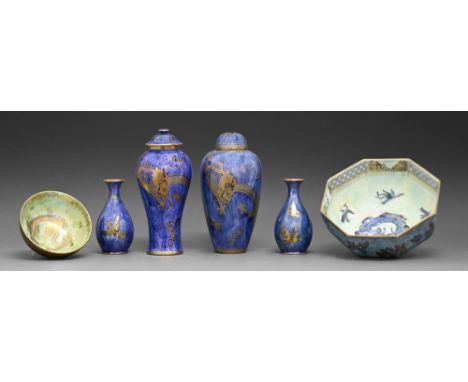 A Wedgwood Dragon Lustre Malfrey pot and cover, vase and cover, Octagon Bowl and Boston Cup, designed by Daisy Makeig Jones, 