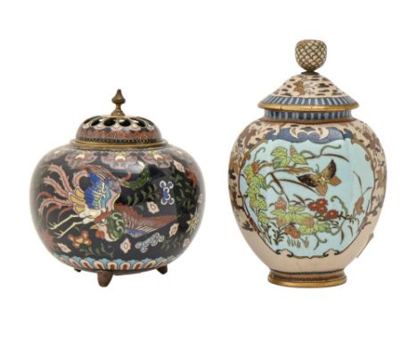 A Japanese cloisonne enamel hexagonal jar and cover, early 20th c, decorated with butterflies and flowers, 13cm h, and a cont