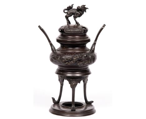 A Chinese bronze two-handled tripod censer and cover, early 20th c, 39cm h 