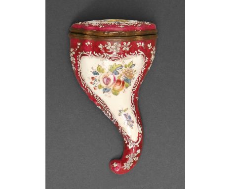 A Samson claret ground porcelain snuff box c.1900 of cornucopia shape, painted with preserves of fruit and flowers, 12mm h cr