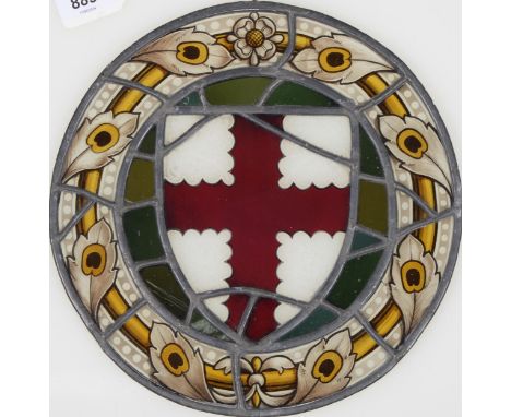 A Northern European stained and leaded glass pseudo-armorial window light, 19/20th c, 25cm diam Undamaged