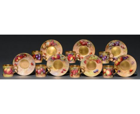 A set of seven Royal Worcester coffee cans and saucers, 1935 and circa, painted by E Townsend, H H Price, H Ayrton, Moseley o