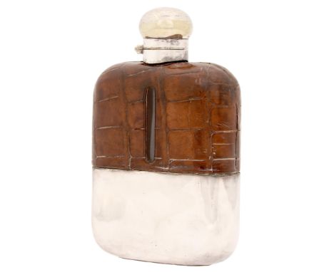 A Victorian EPNS mounted glass hip flask, with crocodile hide covered shoulder, 18cm h Good condition, no engraving