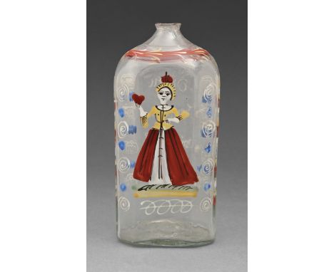 A Bohemian enamelled glass flask, late 18th c,&nbsp; the reverse with inscription, 14.5cm h Undamaged
