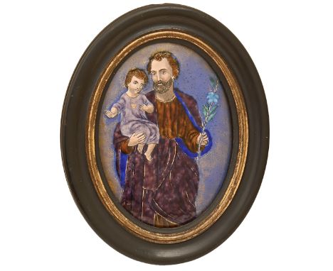 A Limoges enamel plaque of Joseph and Jesus, 20th c, ebonised frame, 20cm x 14cm 
