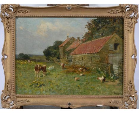 John Atkinson (1863-1924) - Calves, Geese and Hens by a Barn,&nbsp;signed, oil on canvas, 38.5 x 54cm Lined with some retouch