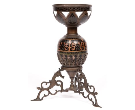 An Indian brass and enamel oil lampstand, early 20th c, 35.5cm h Complete and undamaged