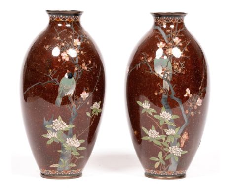 A pair Japanese cloisonne enamel vases,&nbsp;Meiji period, 24cm h Both damaged