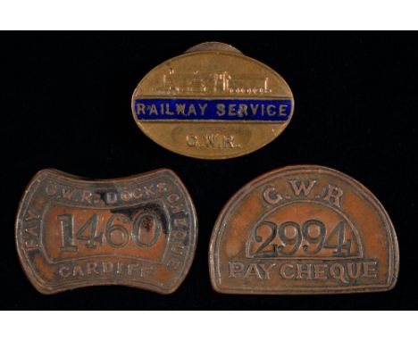 Railwayana. Great Western Railway pay check No 2994, another, GWR Docks No 1460 and GWR oval giltmetal and enamel RAILWAY SER