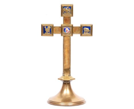 An Arts and Crafts brass and enamel altar cross, Blunt &amp; Wray London WC, early 20th c, with roundel of the Virgin and Chi