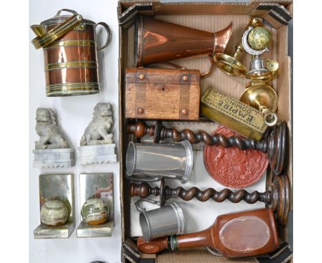 A pair of Victorian oak spiral-turned candlesticks, 38cm h, a Victorian oak tea caddy, a 19th c linen sampler, a pair of carv