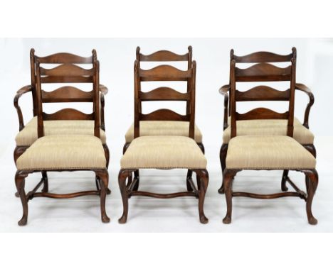 A set of six fruitwood and walnut dining chairs,&nbsp; the ladder back with leaf carved terminals, on cabriole lets, the set 