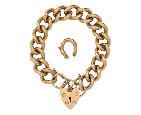 A 9ct gold bracelet, of curb links with 9ct gold padlock, 16cm l excluding spare link, marks on bracelet rubbed, padlock Birm
