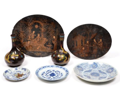 A Southern Chinese blue and white export market saucer dish, early 19th c, 24cm diam, two others, smaller, and of later date,